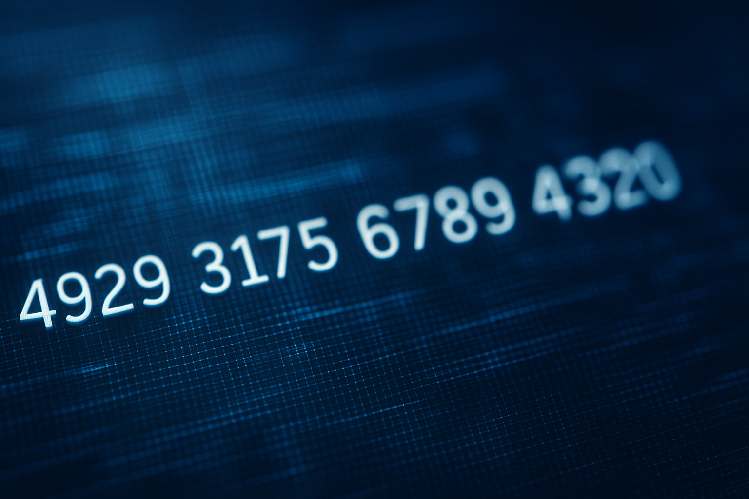 subject: a credit card number, composition: centered, setting/background: a digital screen, lighting: soft, camera/lens: macro, color palette: blue and white, style/references: futuristic, mood: technological, fine details: digits are clearly visible, aspect: 16:9, quality: 4k, negative: blurry or distorted digits
